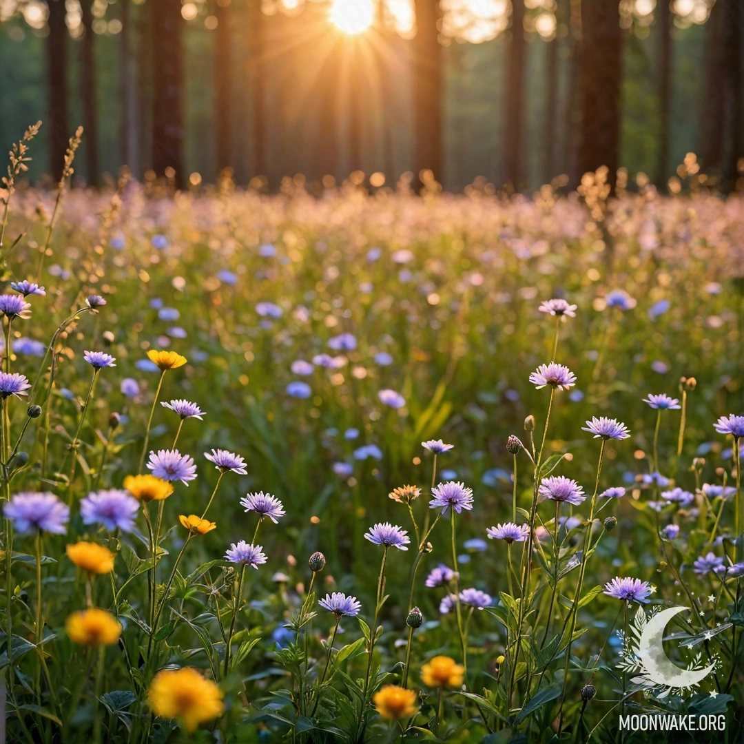 Close-up of vibrant field flowers with a blurred forest background during sunset, showcasing intricate details and the warm glow of the sun's rays.