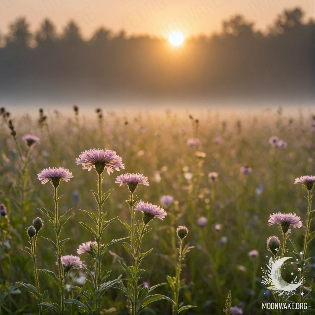 Close-up of beautiful field flowers against a soft, blurred background with fog during sunset, featuring sun rays.