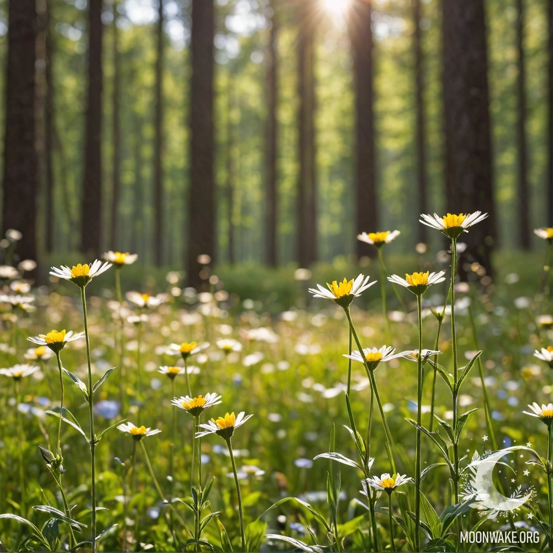 Close-up of vibrant flowers in a sunny field with a blurred forest background.