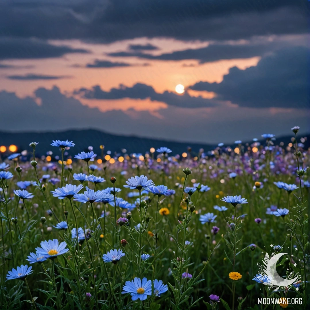 Close-Up of Beautiful Field Flowers Under a Starry Sky Close-up view of colorful field flowers against a blurred night sky with clouds.