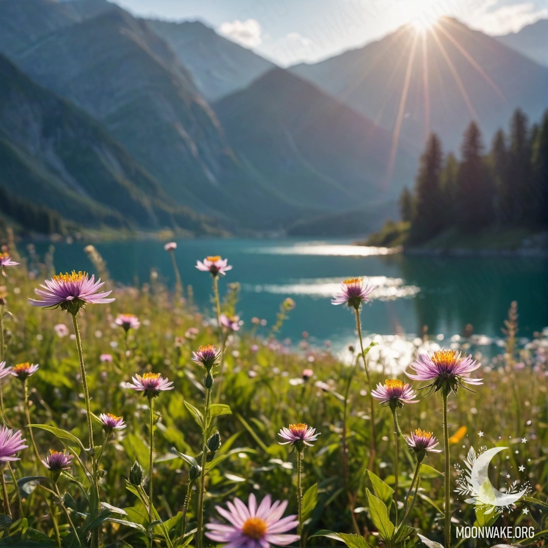 A close-up view of vibrant field flowers with a bokeh background of a mountain lake and lens flares.