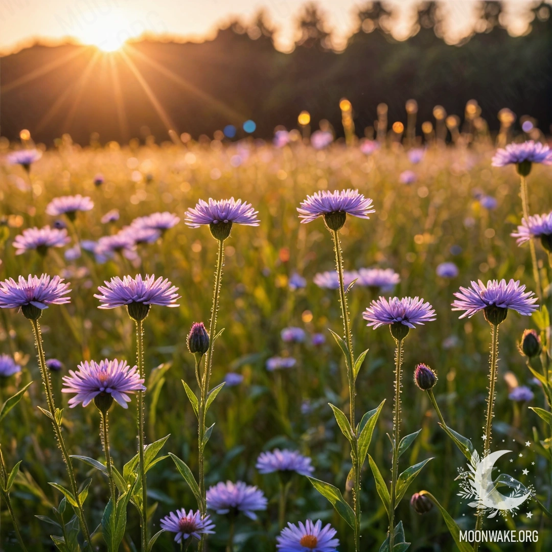 Close-Up of Beautiful Field Flowers at Sunset A close-up view of vibrant field flowers illuminated by a bokeh sunset, with lens flares creating a dreamy atmosphere.