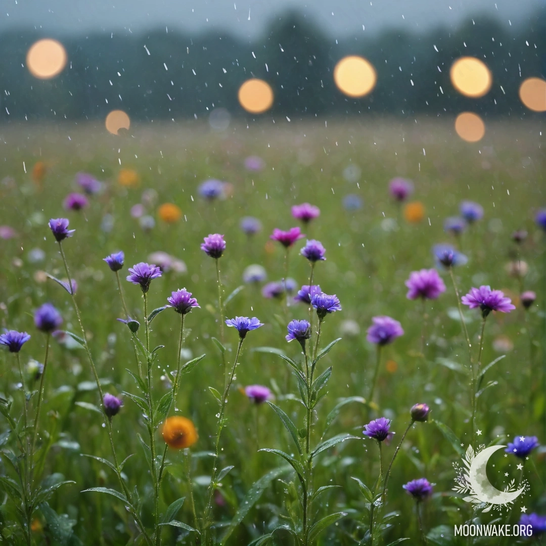 A close-up view of delicate field flowers with a bokeh sky in the background, shimmering in the rain.
