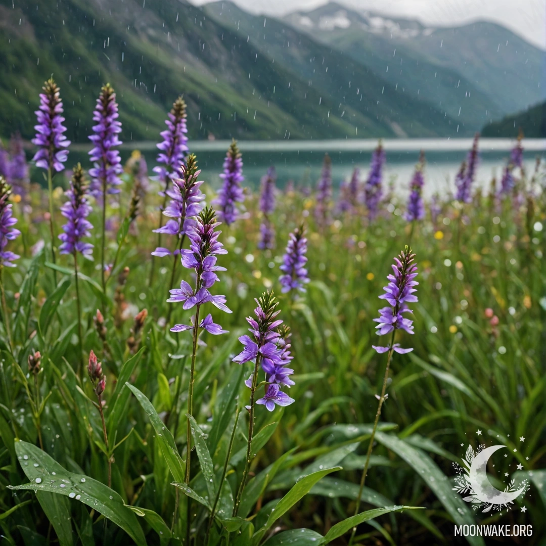 Close-Up of Beautiful Field Flowers by Mountain Lake Close-up view of colorful field flowers with a bokeh background of a mountain lake under rain.