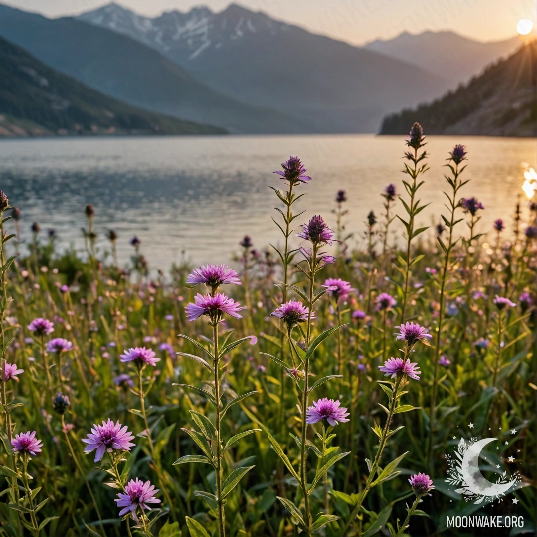 Close up of beautiful field flowers in front of a mountain lake at sunset, with a bokeh effect.