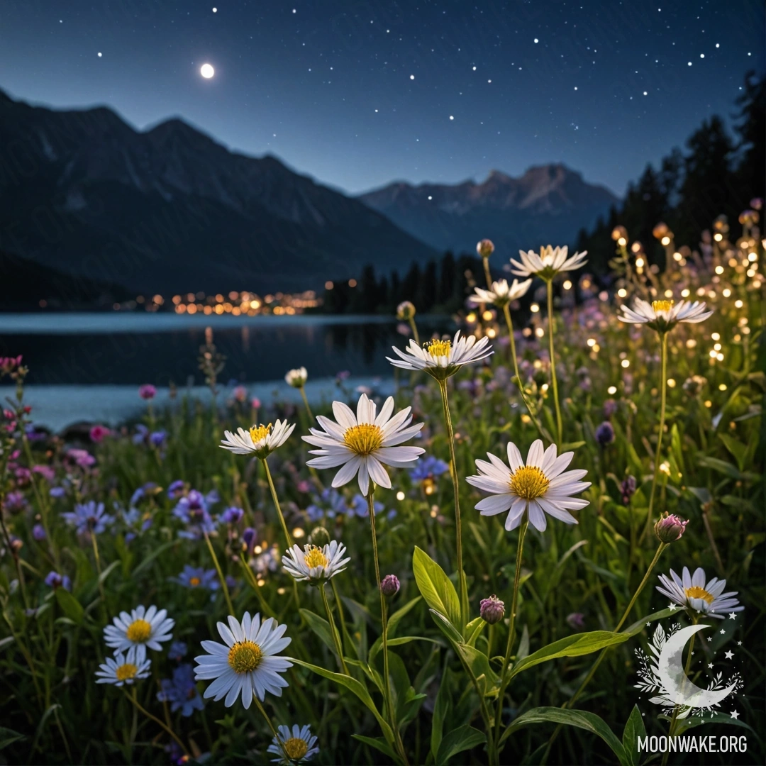 Close-Up of Beautiful Field Flowers at Night A close-up view of vibrant field flowers with a bokeh background of a mountain lake at night.