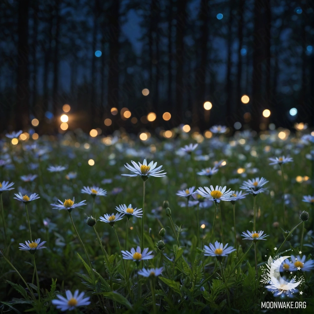 A close-up of beautiful field flowers with a blurry forest background at night.