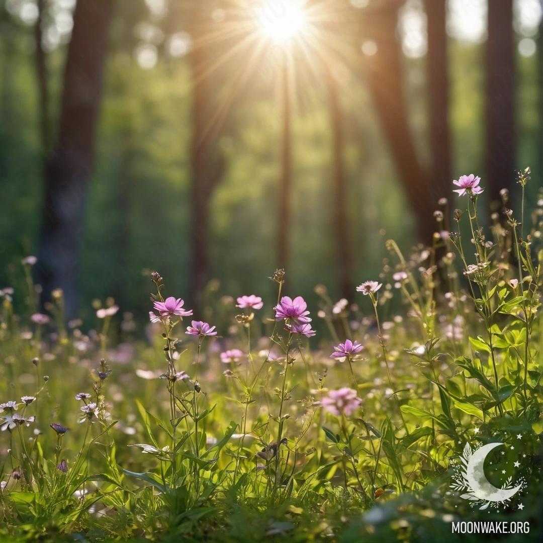Close-up of beautiful field flowers in a forest with bokeh effect and sun rays.