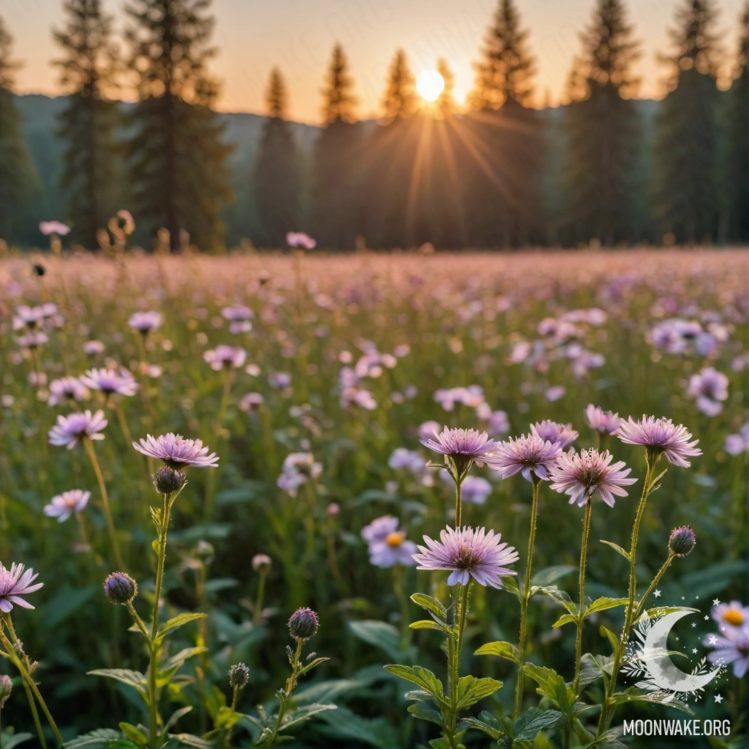 Close-up of vibrant field flowers with a blurred forest backdrop at sunset.