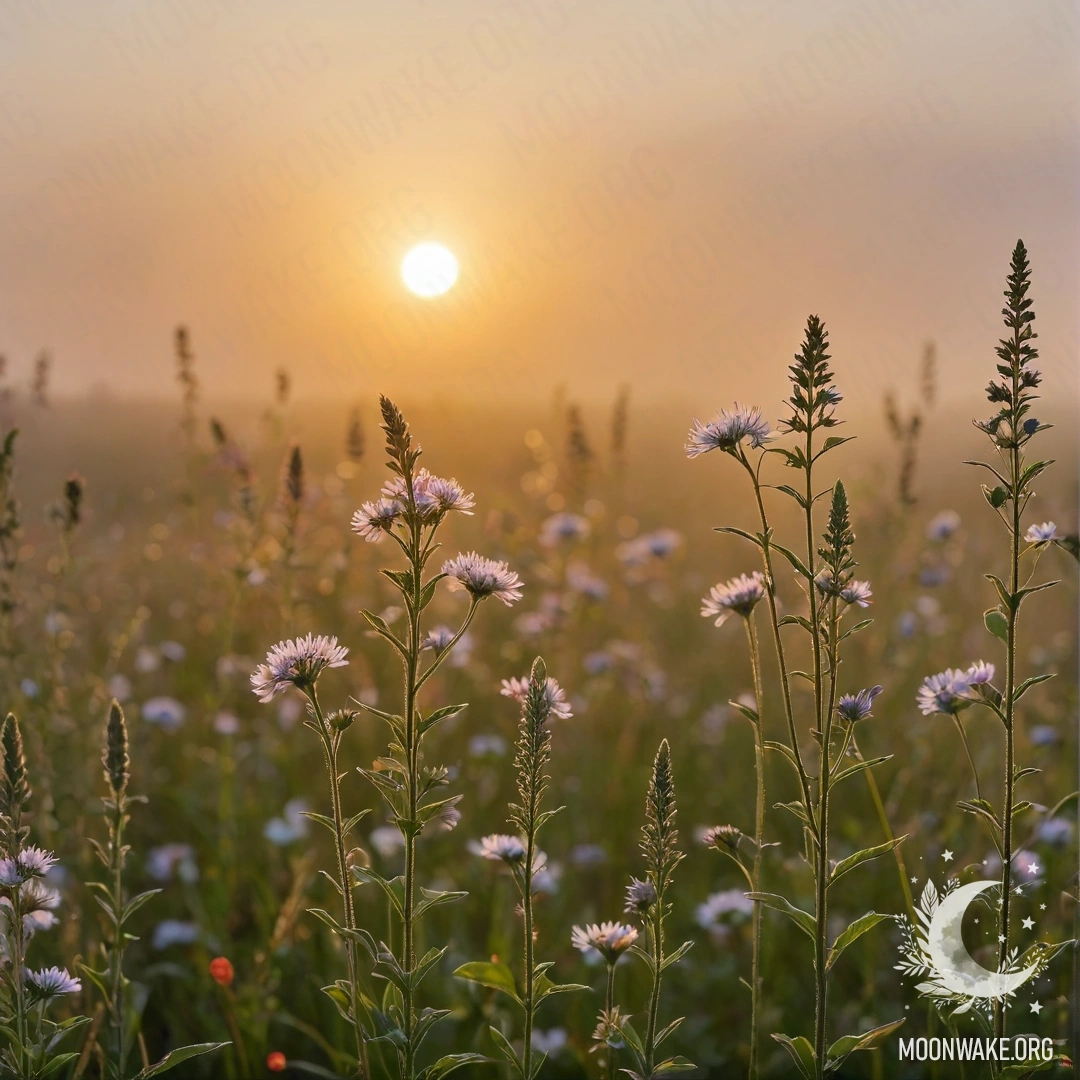 Beautiful Field Flowers at Sunset Close-up of vibrant field flowers surrounded by a soft bokeh effect and fog at sunset, with sun rays filtering through the atmosphere.