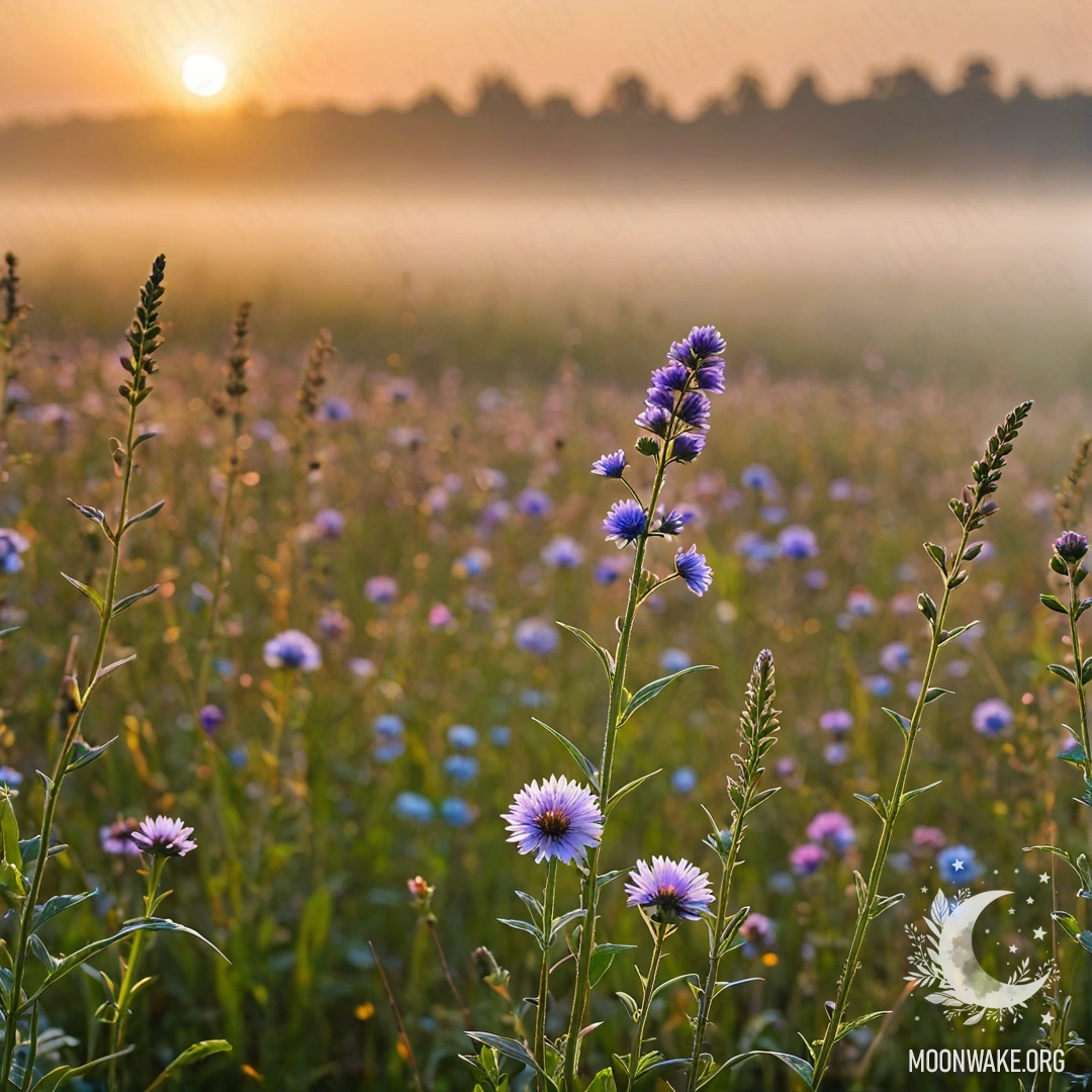Close-up of beautiful field flowers with a bokeh background and fog at sunset.