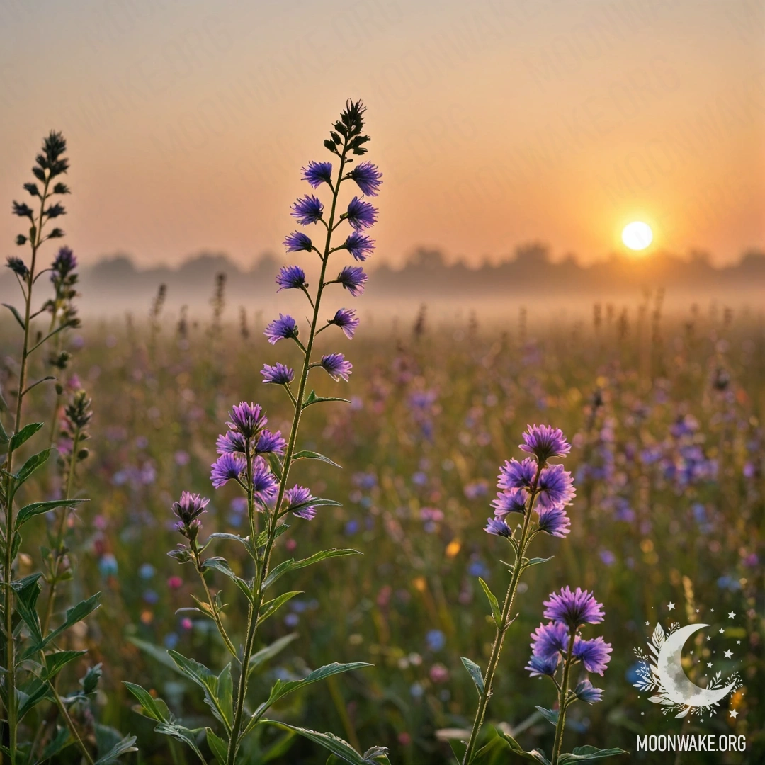Close-up of beautiful field flowers with a bokeh background and fog during sunset.