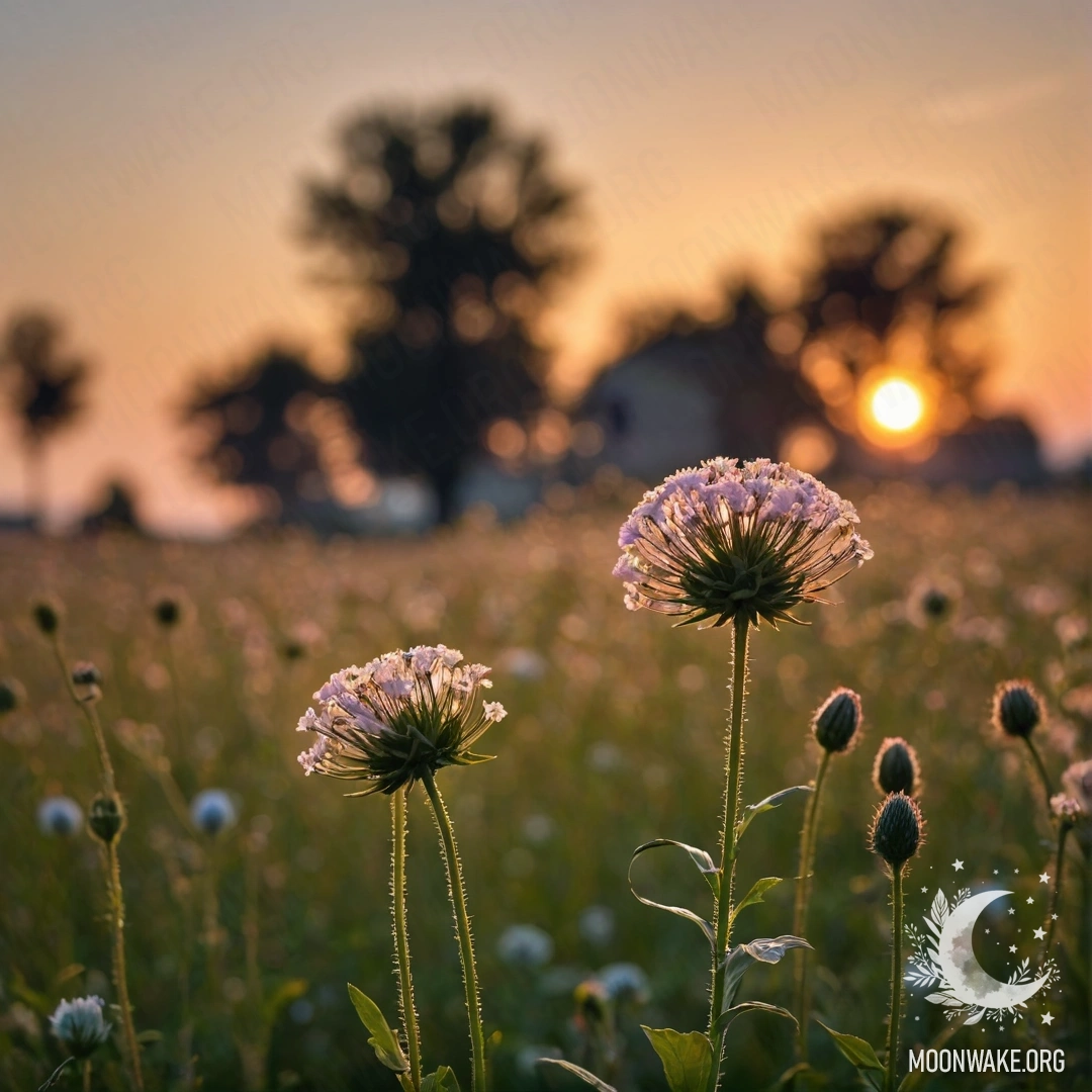 Close-up of vibrant field flowers with a blurred sunset sky.