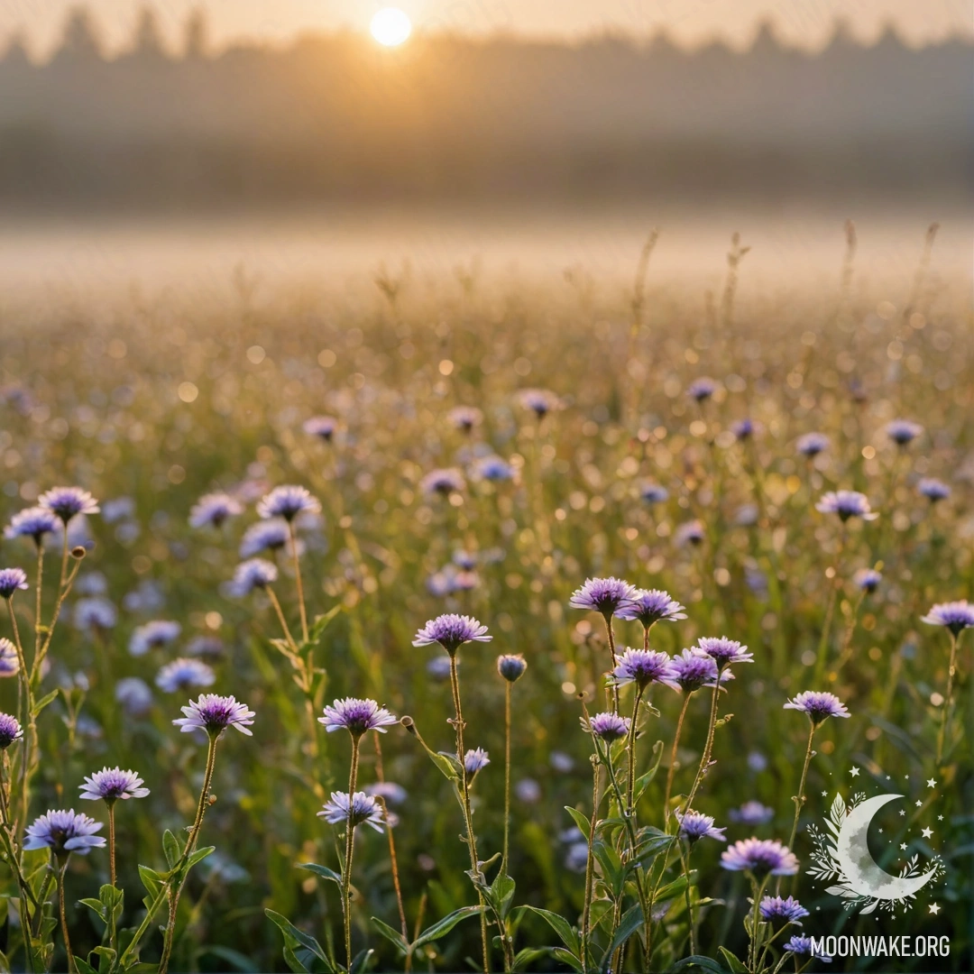 Beautiful Field Flowers at Sunset Close-up of beautiful field flowers against a softly blurred background with fog and sunset light.