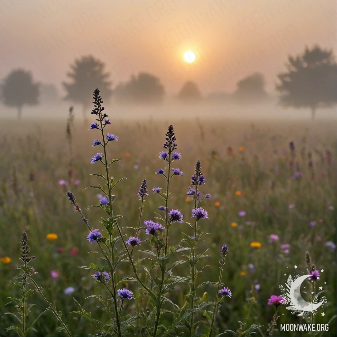 Close-up of vibrant field flowers against a bokeh background with fog.