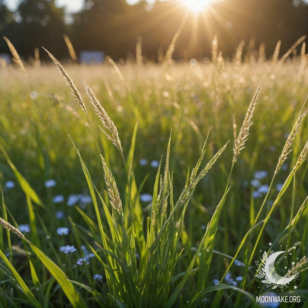 Bokeh Field Flowers in Sunlight Close-up of grass against a backdrop of blurred field flowers illuminated by sun rays.