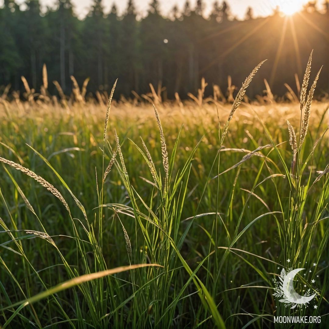 Bokeh Forest at Sunset A close-up of beautiful grass in a field against a blurred forest backdrop during sunset.