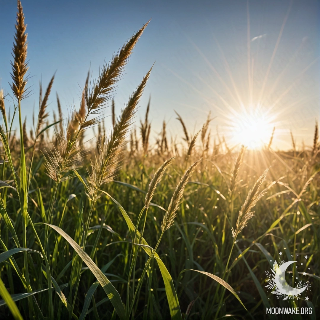 Close-up view of lush green grass against a bokeh sky filled with sun rays.