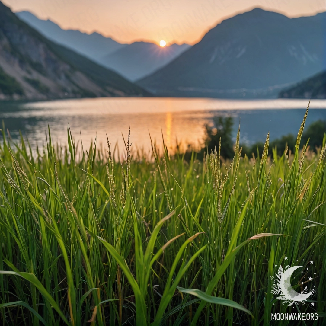 Close-up of field grass in front of a bokeh mountain lake at sunset.