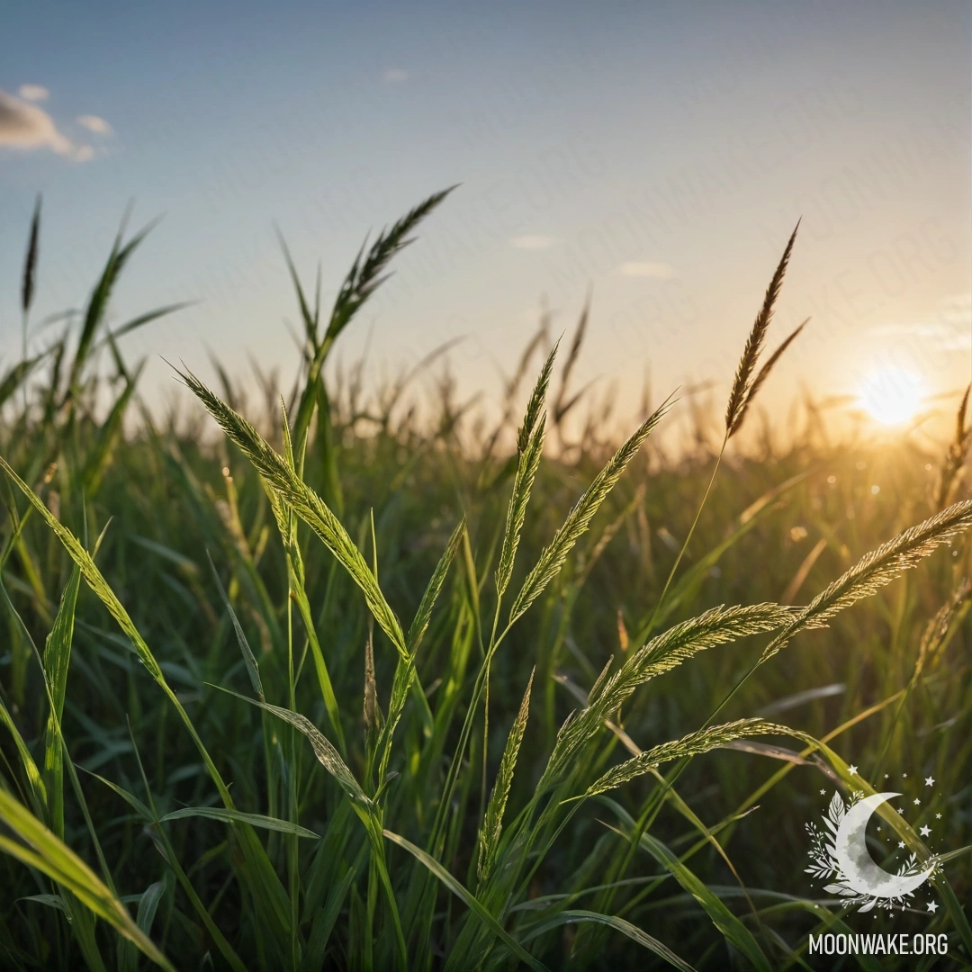Close-Up of Beautiful Grass Under Bokeh Sky Close-up view of grass in a field with a blurred background of a bokeh sky and soft lens flares.