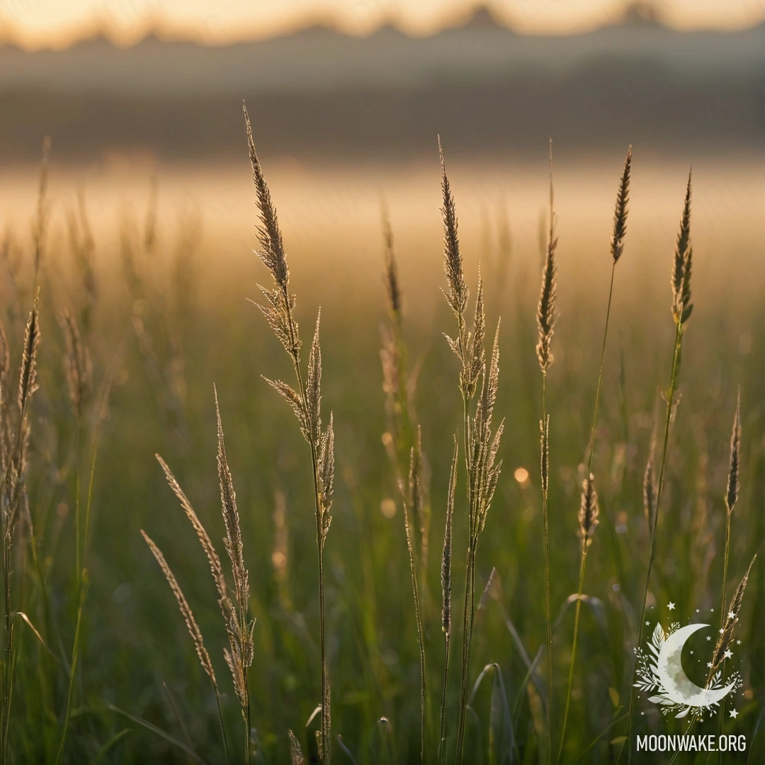 Close-up of field grass against a blurred background with fog at sunset.