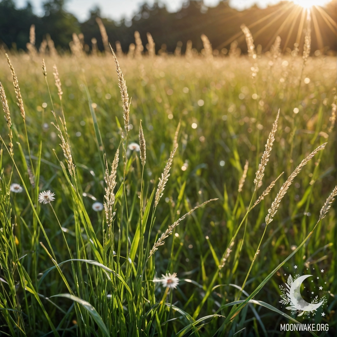 Close-Up of Gorgeous Grass Field with Bokeh Flowers Close-up view of grass with bokeh flowers in the background and lens flares.