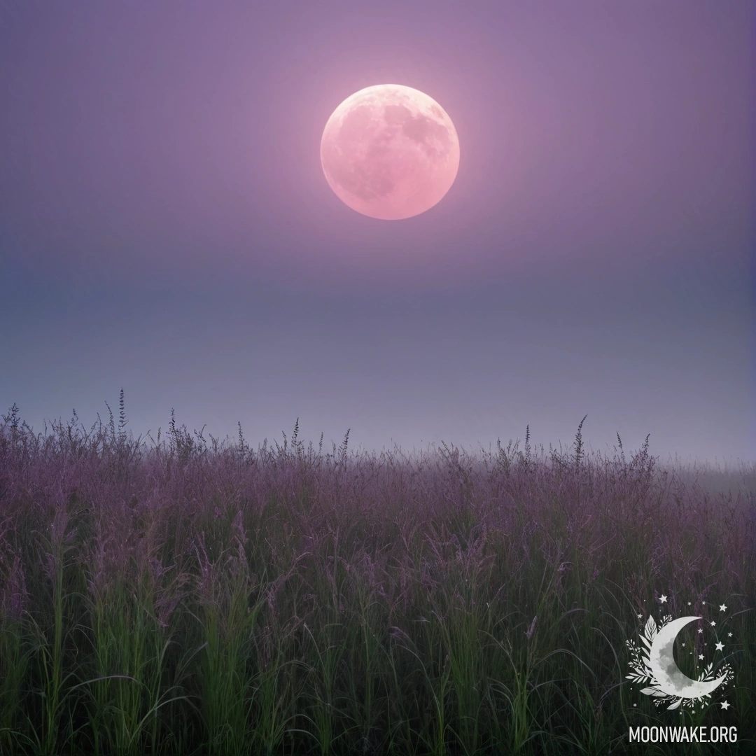 Close-up of beautiful grass field with a pink violet sky and moon in the background.
