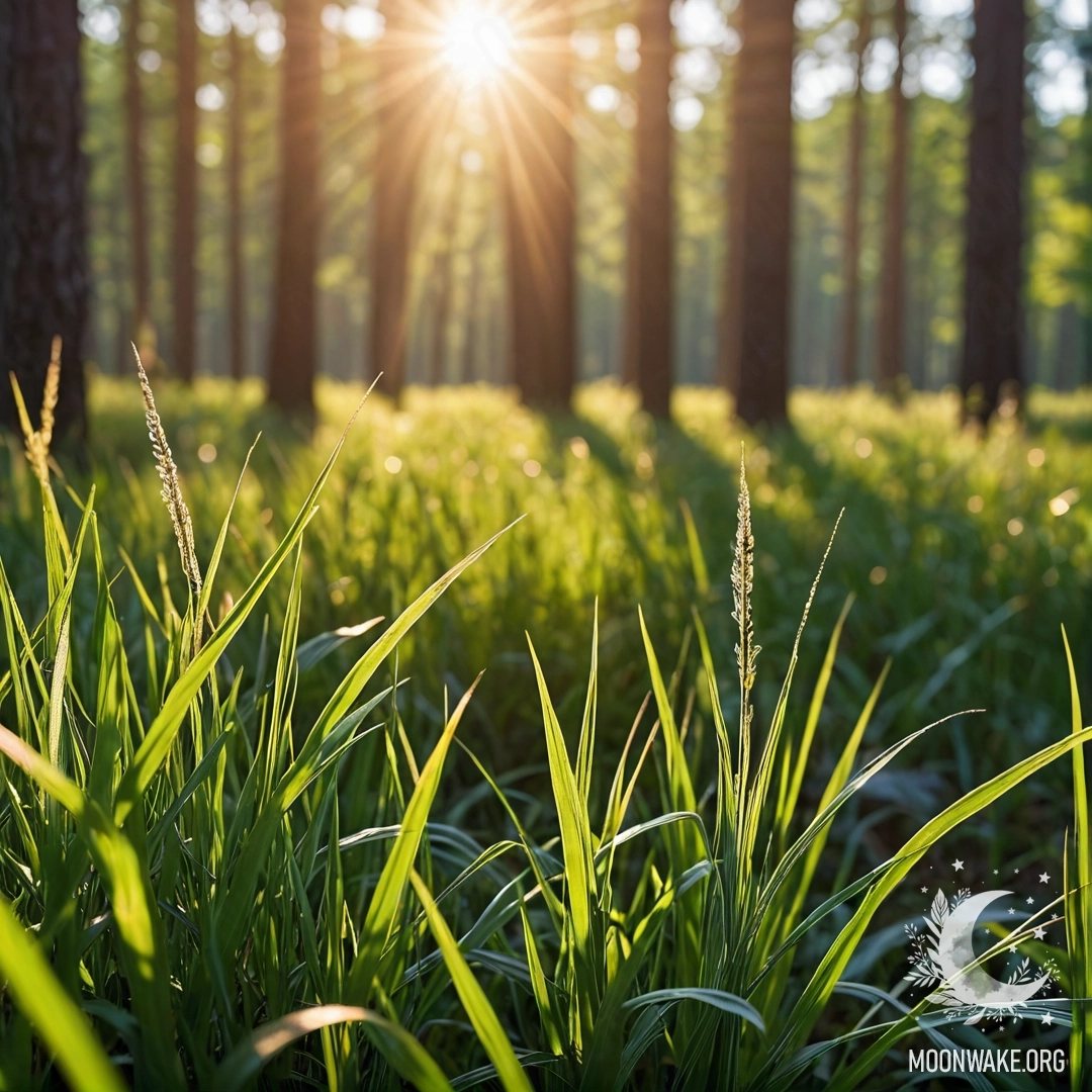Close-up of beautiful field grass illuminated by sun rays, set against a blurred forest background.