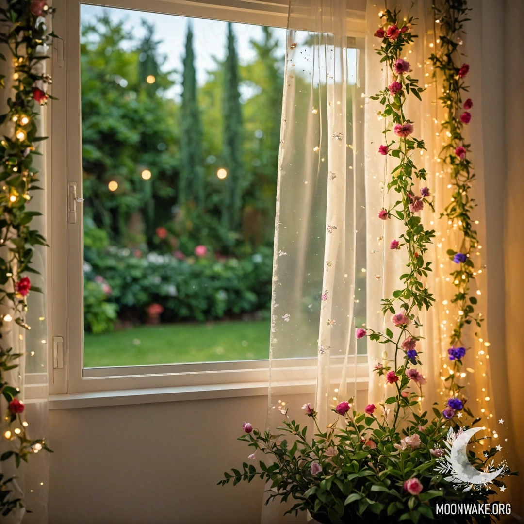 A close-up of a beautiful floral printed curtain in front of a window with a blurred garden and garland lights outside.