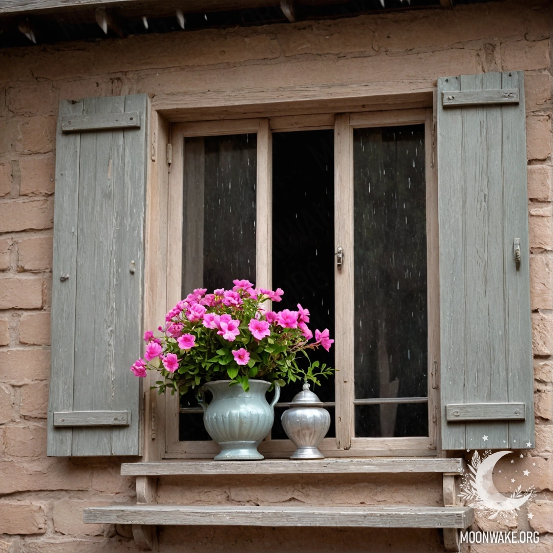 Close-up of a floral print curtain with a blooming garden visible through a window.