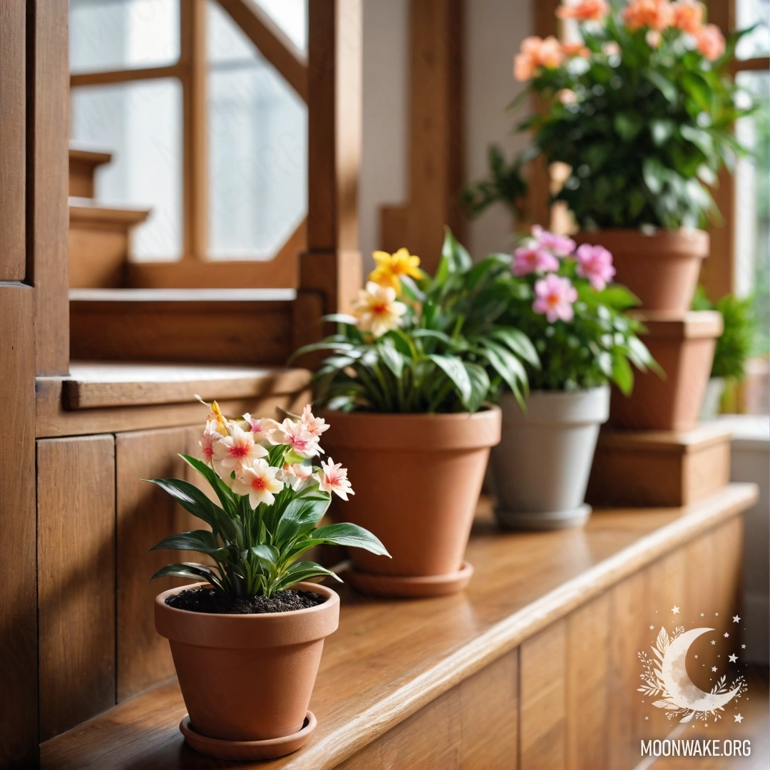 Beautiful Flowerpots on a Staircase A wooden staircase adorned with flowerpots, showcasing vibrant blooms.