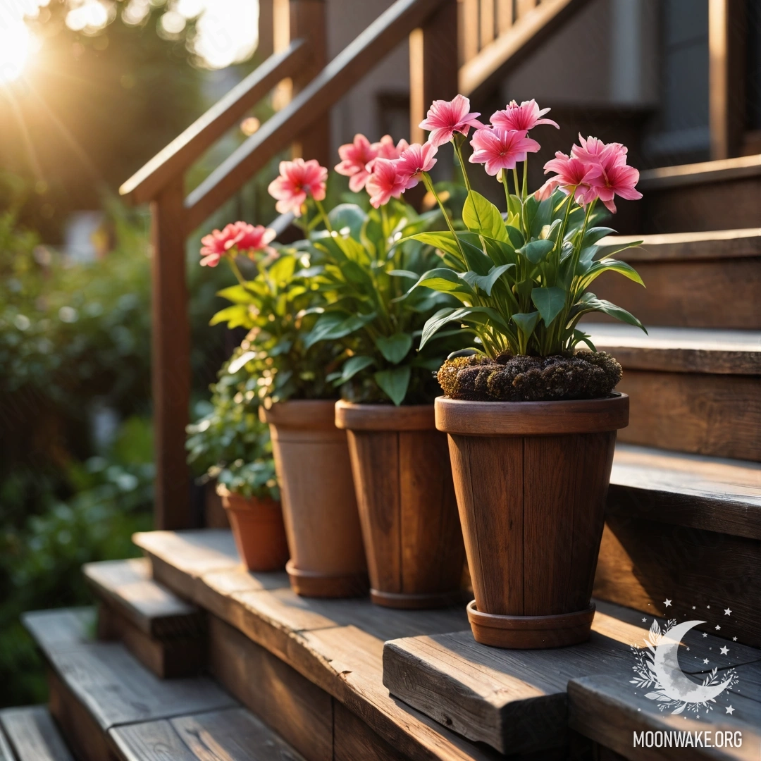 A wooden staircase adorned with flowerpots during sunset.