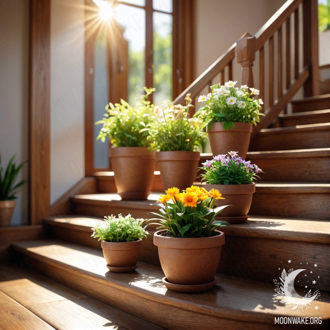 A charming wooden staircase adorned with flowerpots in sunlight.