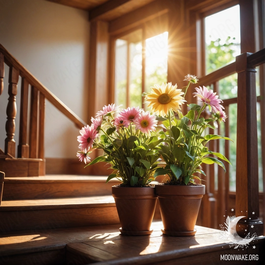 A beautiful wooden staircase adorned with flowerpots, illuminated by sun rays.