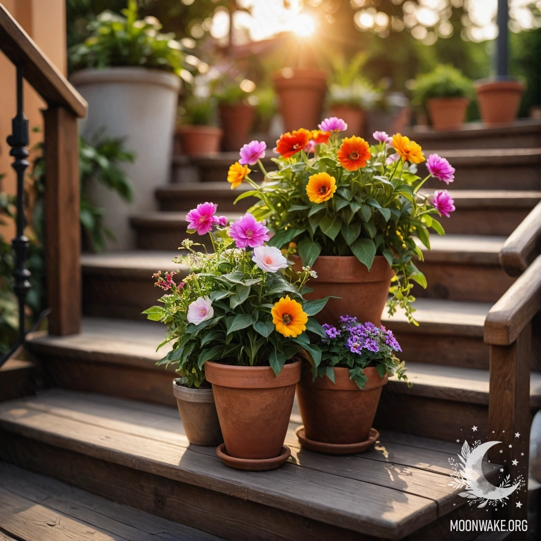 A collection of flowerpots on a wooden staircase during sunset.