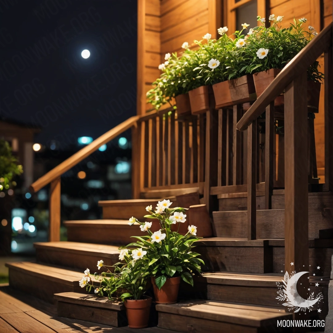 Beautiful Flowerpots on a Wooden Staircase at Night A wooden staircase adorned with flowerpots under the night sky.