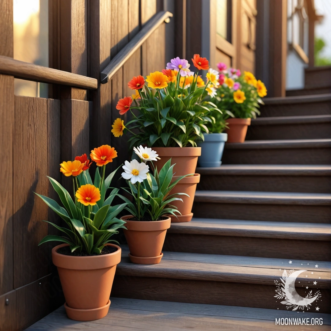 A wooden staircase adorned with flowerpots during sunset.