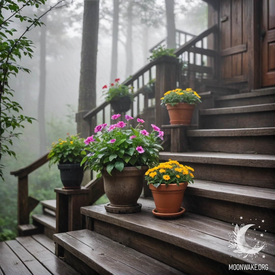 Beautiful Flowerpots on a Wooden Staircase in Mist Beautiful flowerpots arranged on a wooden staircase shrouded in dense mist.