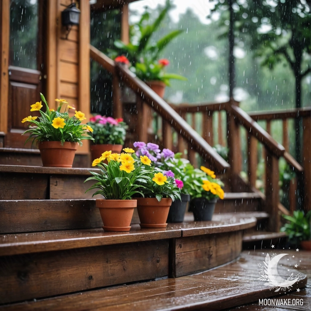 Flowerpots placed on a wooden staircase, surrounded by rain.