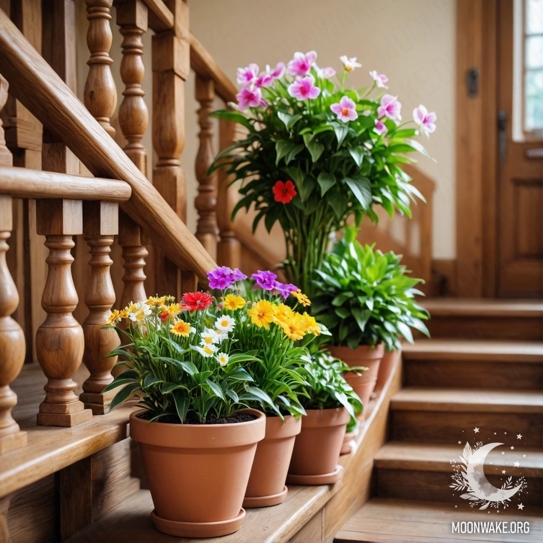 A wooden staircase adorned with flowerpots, featuring vibrant flowers.