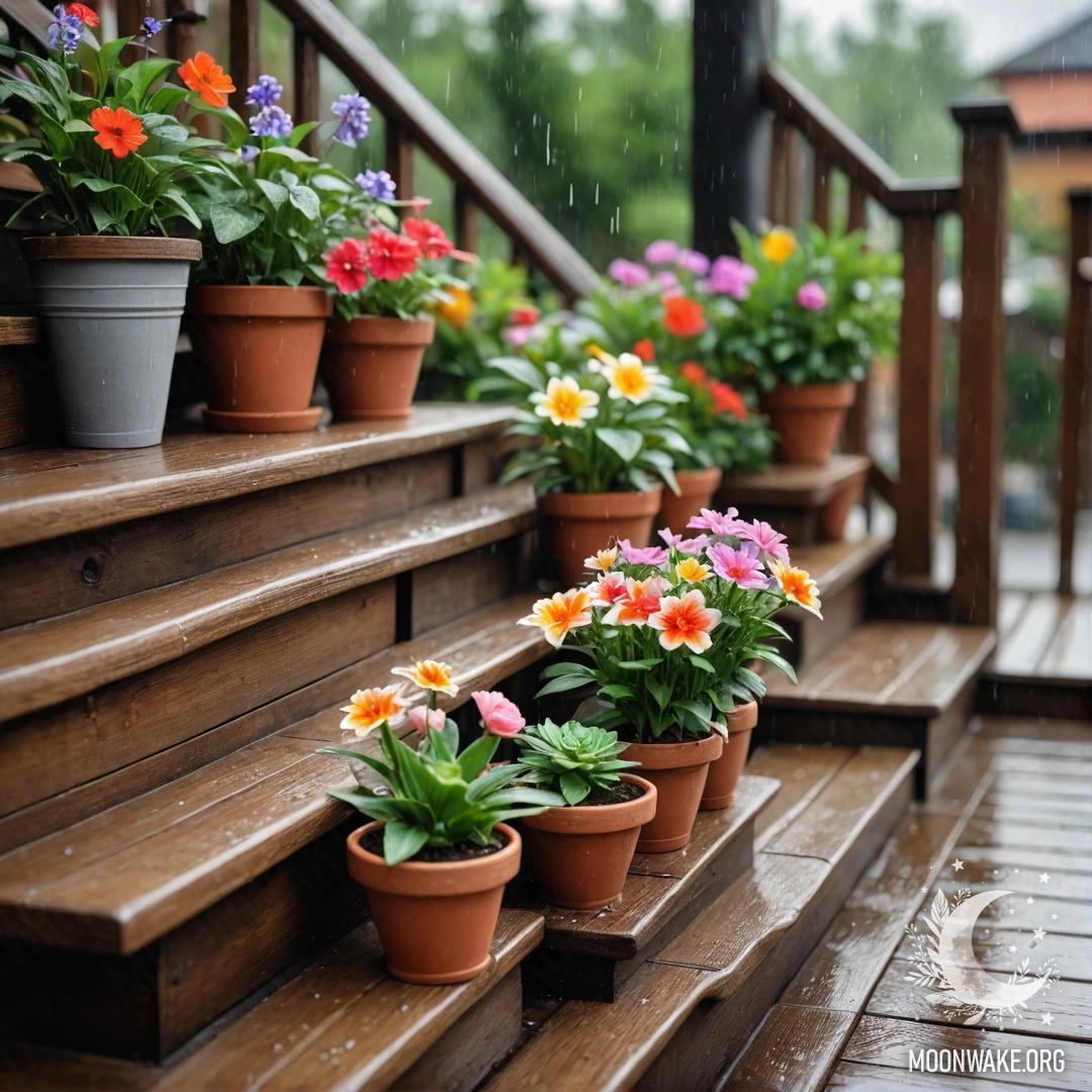 A wooden staircase adorned with flowerpots, drenched in rain.
