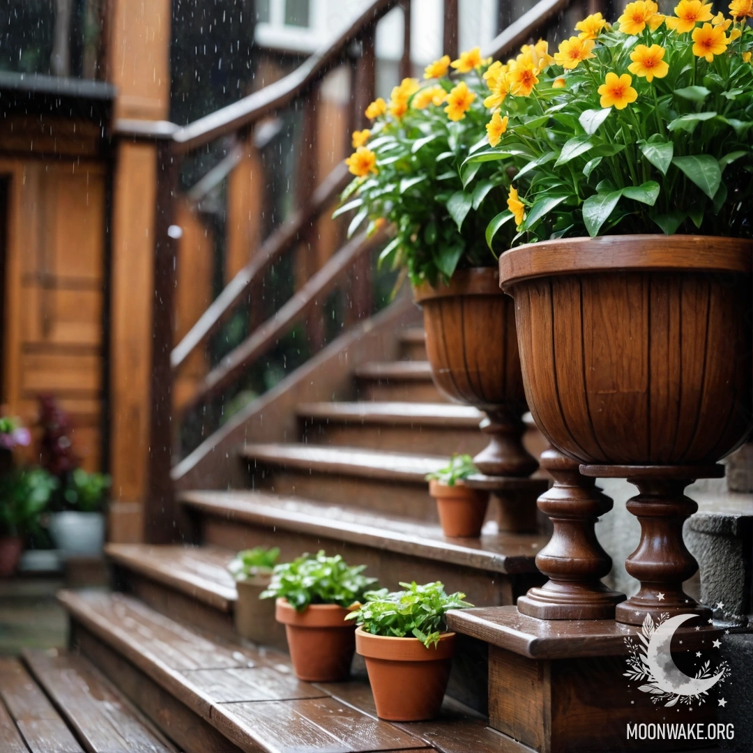 Flowerpots set on a wooden staircase with rain falling around them.
