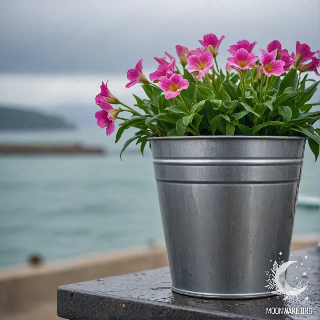 A small metal bucket filled with beautiful flowers, set against a bokeh background of the sea under the rain.