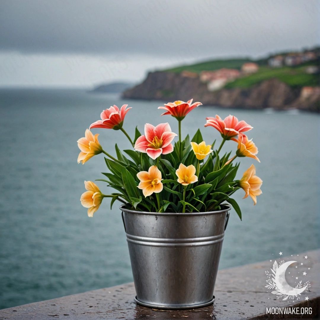 A small bucket-shaped metal flowerpot filled with vibrant flowers, with a blurred sea background and rain drops.