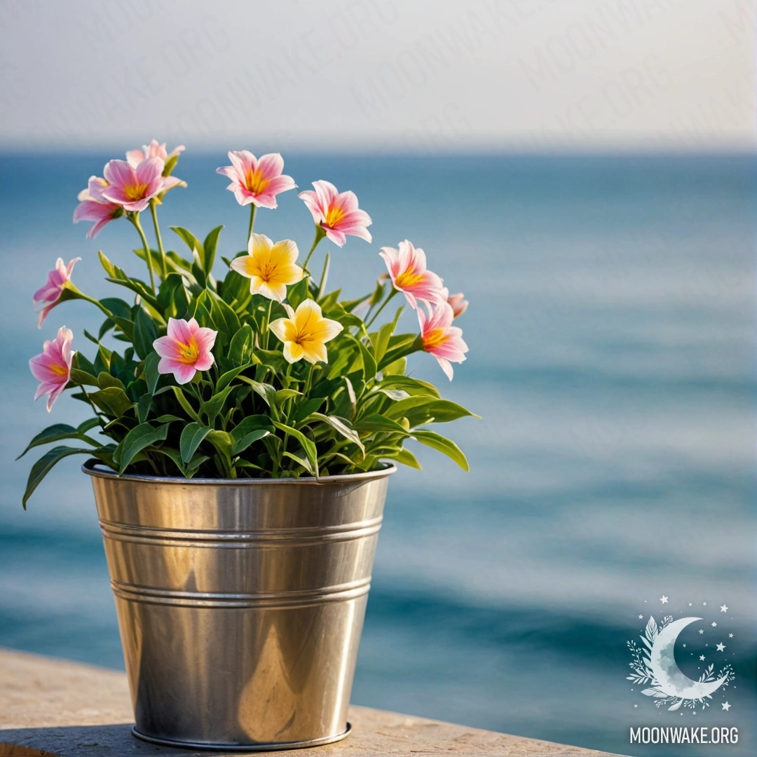 A small bucket-shaped metal flowerpot filled with beautiful flowers against a bokeh sea background.