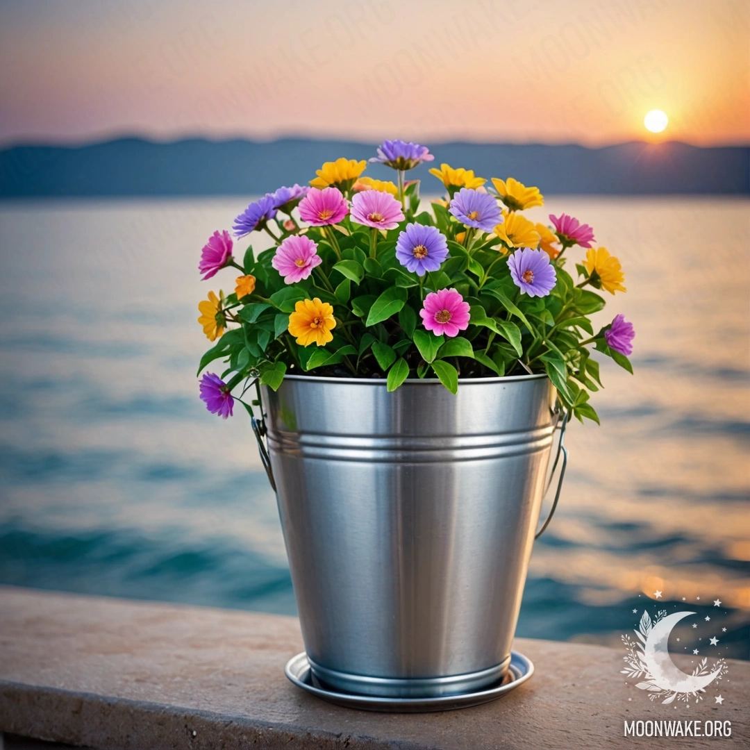 A small metal flowerpot shaped like a bucket filled with beautiful flowers, set against a blurred seaside background decorated with garland lights.