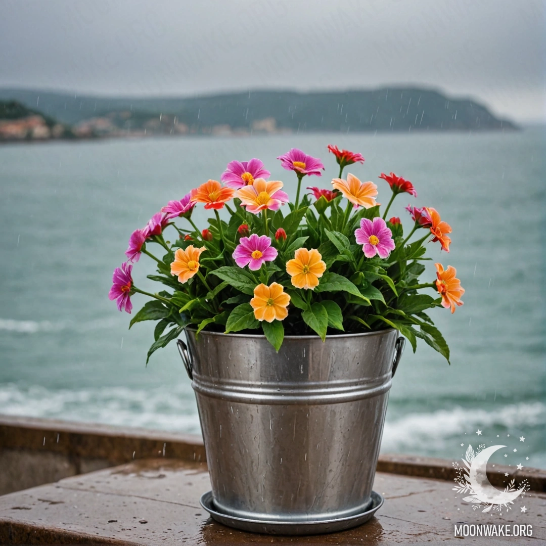 Beautiful Flowers in a Metal Flowerpot A small metal flowerpot shaped like a bucket filled with beautiful flowers against a bokeh sea background under the rain.