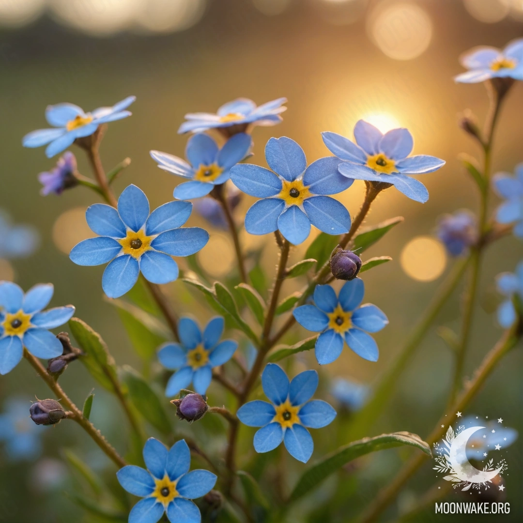 A picturesque scene featuring forget-me-nots in olive color adorned with sequins at sunset.