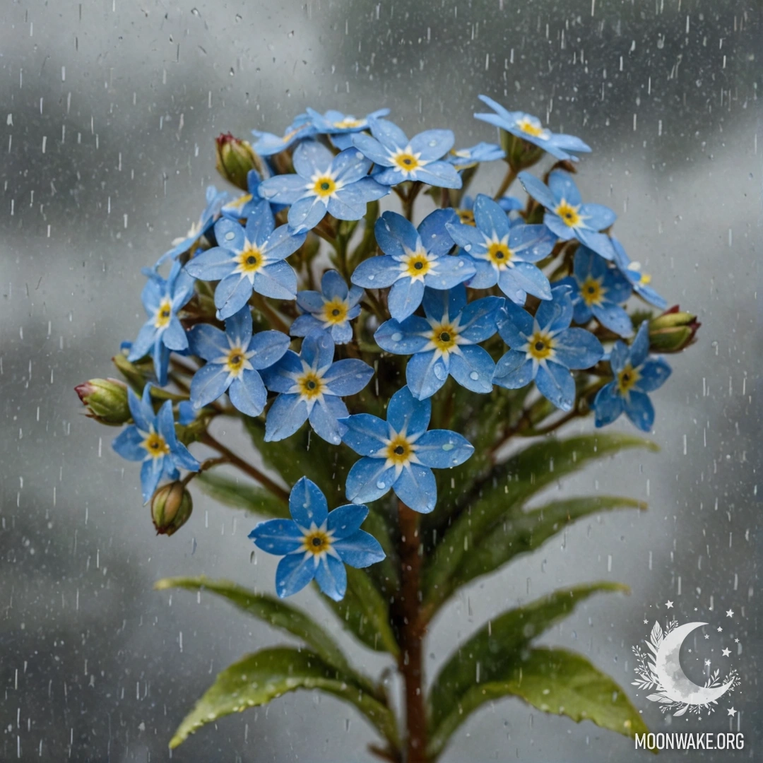 Beautiful Forget-Me-Nots Bouquet Under Rain A delicate bouquet of blue forget-me-nots under gentle rain.