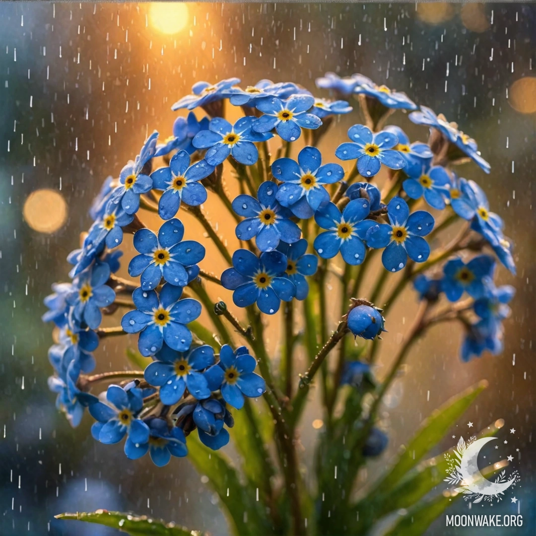 A bouquet of blue forget-me-nots drenched by rain at sunset.